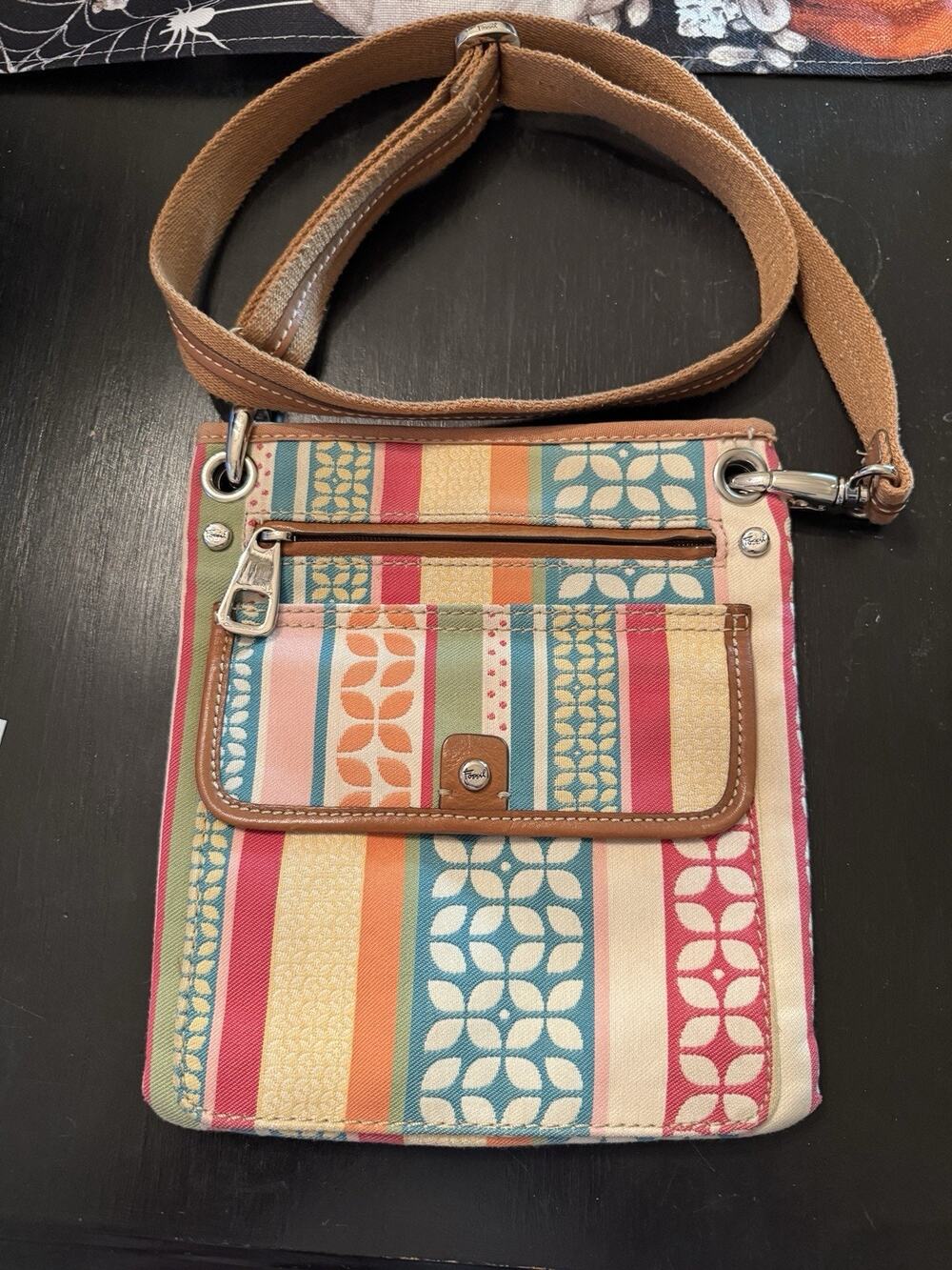 Fossil Floral Fabric & Brown Leather Messenger Crossbody Shoulder Bag New